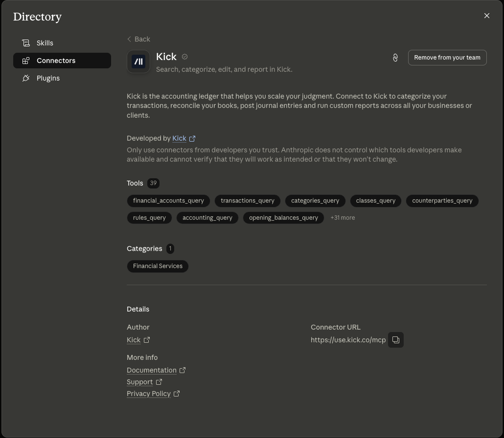 The Kick listing in Claude's connector directory, showing its tools, category, and connector URL